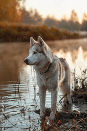 A husky dog standing in a body of water  suitable for various outdoor and animal-related designs