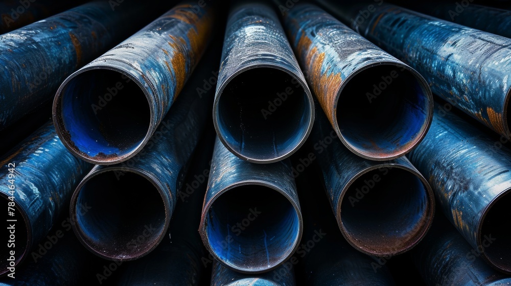 Several steel pipes in the style of dark silver and dark navy