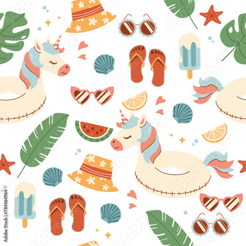 Pattern with summer accessories. Seamless pattern with pool rubber ring, ice cream, sunglasses, panama, flip flops, tropical leaves. Fun rubber rings in the form of unicorn