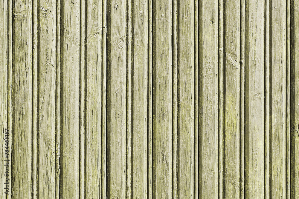 Vertical green lines. Green peeling paint wood plank texture. Outdoor, weathered summer house wall. Grunge wooden board background. Dry paint peel texture. Grunge bright green stripes.