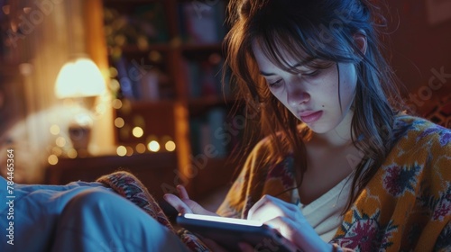 A woman sitting on a couch and looking at a cell phone. Suitable for technology or lifestyle concepts