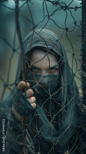 Standing against oppression concept with masked woman grabbing barbwire, created by ai