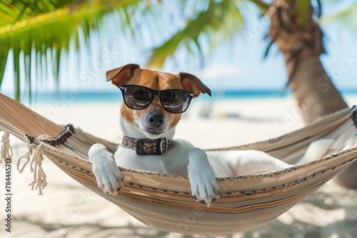 Cute dog in sunglasses lies relaxed in a hammock on the beach against the backdrop of the ocean sea on a sunny day, summer holiday concept, travel advertising  © Tatiana