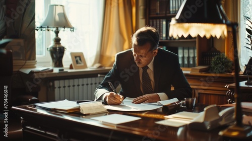 A man in a suit sitting at a desk writing. Ideal for business and office concepts photo