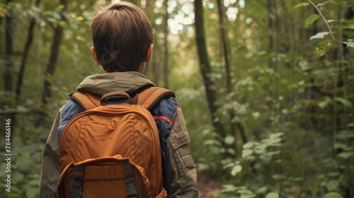A young boy with a backpack walking through a forest. Great for outdoor and adventure concepts