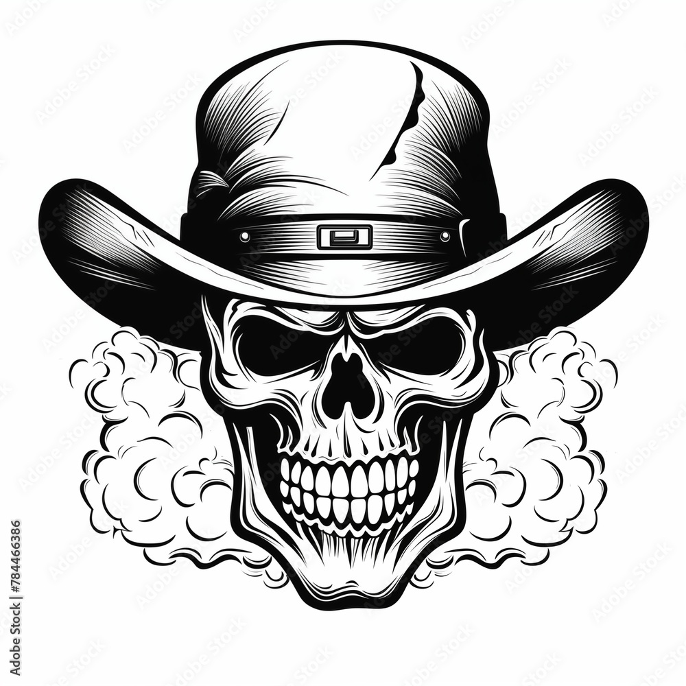 Black-eyed graphic image of a human skull wearing a hat against a background of smoke on a white background. For tattoo decoration