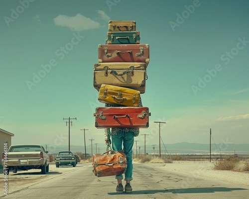 A humorous print ad for a car rental company shows a person carrying a stack of suitcases, with the headline Dont Let Baggage Weigh You Down, high resolution DSLR