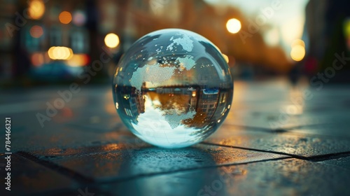 Glass ball on tiled floor, suitable for abstract backgrounds