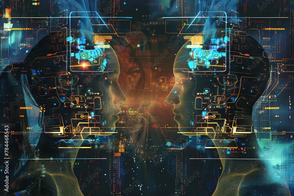 Digital Mind Sync in Cyberspace. Mirror images of a person with cybernetic brain interface. Digital Mind Sync in Cyberspace. Mirror images of a person with cybernetic brain interface.