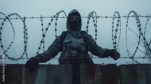 Standing against oppression concept with masked woman grabbing barbwire, created by ai