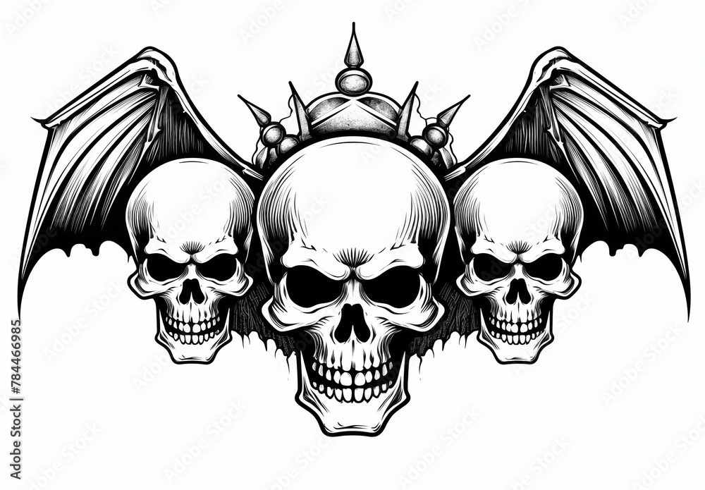Fototapeta premium Three-headed skull with wings on white background. For tattoo decoration