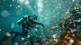 Portrait of a scuba diver clearing plastics from ocean with a big space for text or product advertisement, Generative AI.