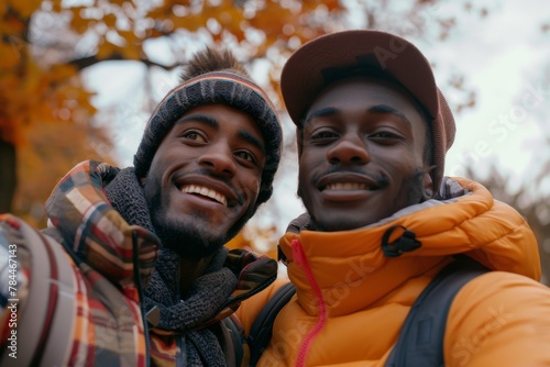 Friends in warm jackets capture a moment with a selfie surrounded by autumn colors and trees