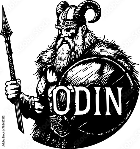 Odin, the all-father of Norse mythology, with spear and shield, an ideal image for historical and mythological education.