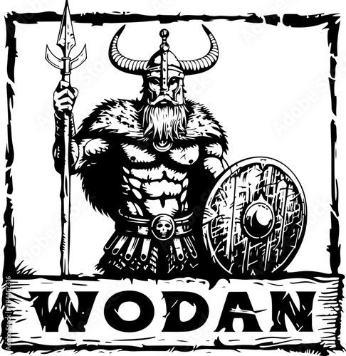 Norse deity Wotan, master of wisdom and war, seated in power, in a detailed black and white illustration. photo