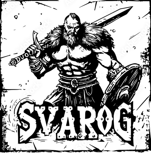Svarog, the Slavic deity of fire and metalworking, with a sword and shield, suitable for cultural history or Slavic mythology topics.