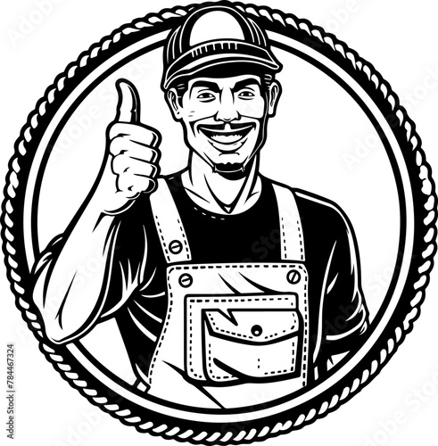 A smiling worker in overalls giving a thumbs-up, suitable for service industry, manual labor, or vocational training representations.