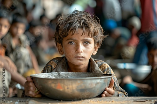 An attentive-looking child sits with a large bowl in a crowded setting, suggesting contemplation and scarcity