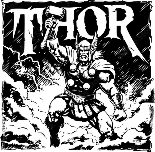 The mighty Thor, god of thunder, wielding his hammer, Mjolnir; a powerful depiction for Norse mythology enthusiasts and heroic tales.