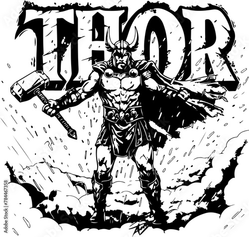 The mighty Thor, god of thunder, wielding his hammer, Mjolnir; a powerful depiction for Norse mythology enthusiasts and heroic tales.