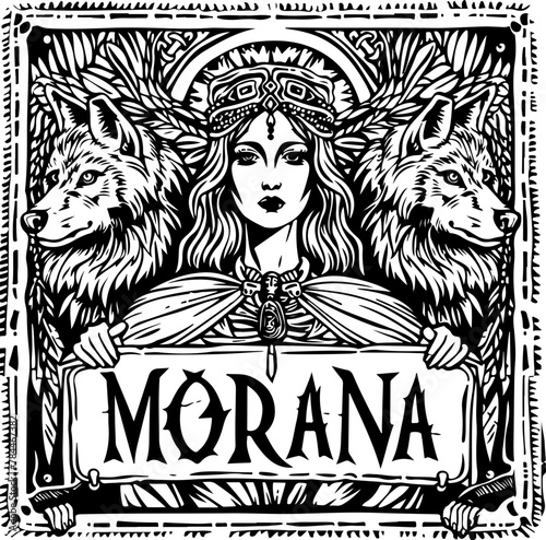 Captured in stark contrast, Morana is flanked by wolves, a haunting embodiment of winter's chill and death, for Slavic myth themes.