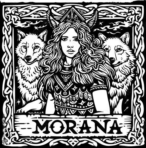 Captured in stark contrast, Morana is flanked by wolves, a haunting embodiment of winter's chill and death, for Slavic myth themes.