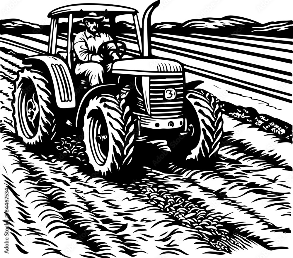 Vector artwork of a tractor plowing the field, illustrating agricultural work and rural life.
