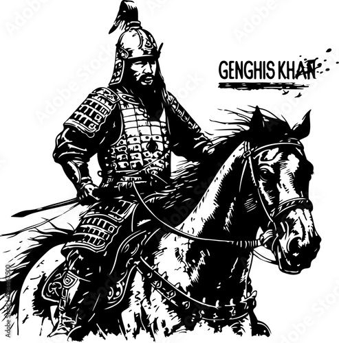 A commanding illustration of Genghis Khan riding horseback, ideal for historical storytelling and education.