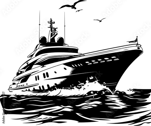 This vector showcases the luxury and grandeur of a yacht sailing on the ocean, ideal for themes of vacation and wealth.