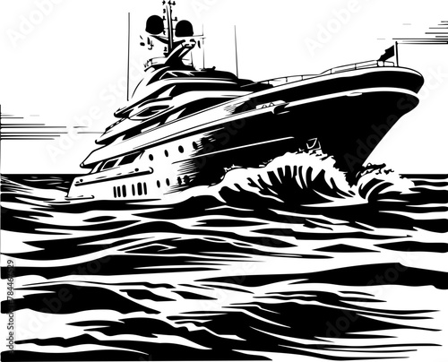 This vector showcases the luxury and grandeur of a yacht sailing on the ocean, ideal for themes of vacation and wealth.