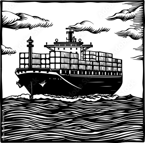 A stylized vector of a cargo ship at sea, capturing the essence of maritime transport and global trade.