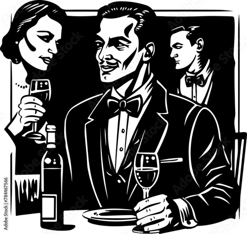A sophisticated black and white vector depiction of an elegant couple enjoying a conversation over wine at a social event.