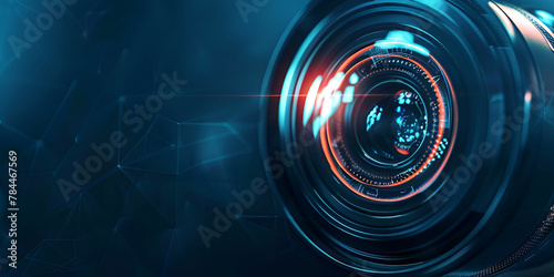 Close up view camera lens colorful blur of lights Professional camera lens black camera lens blur the camera mirror hi tech bokeh background