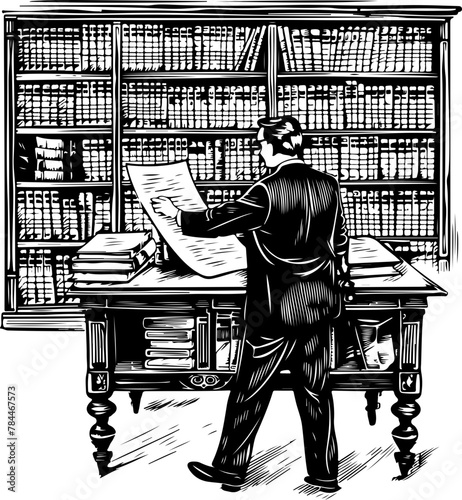 A historian reviews ancient manuscripts, in a richly detailed library setting, in this black and white vector.