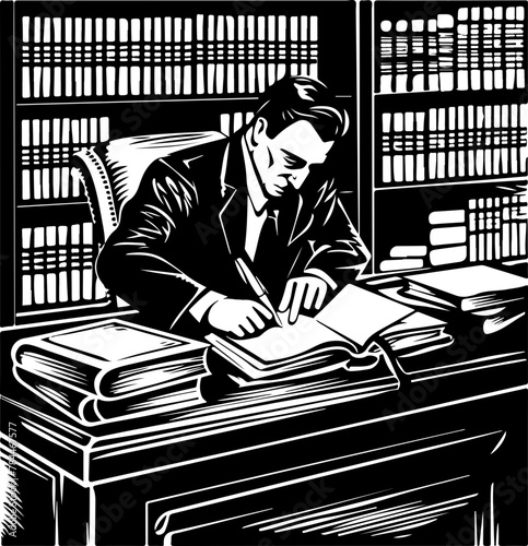 vector of a scholar deeply absorbed in research among stacks of books in a classic library.