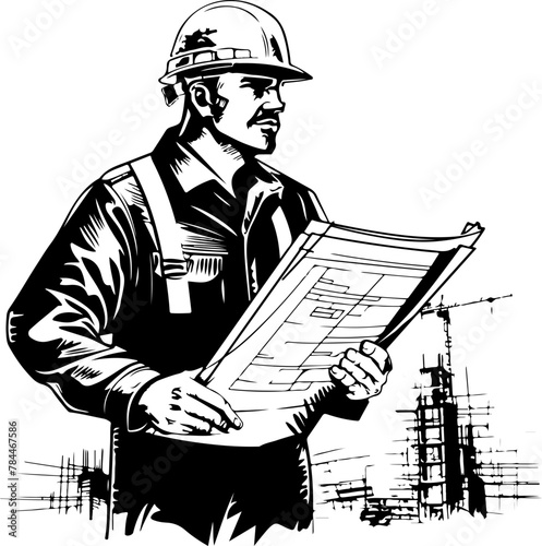 Vector illustration of a construction engineer reviewing architectural plans on-site, symbolizing meticulous project planning.