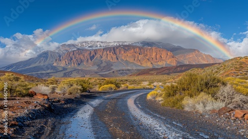  A rainbow arcs over a dirt road, leading to a mountain with a snow-capped peak in the distance
