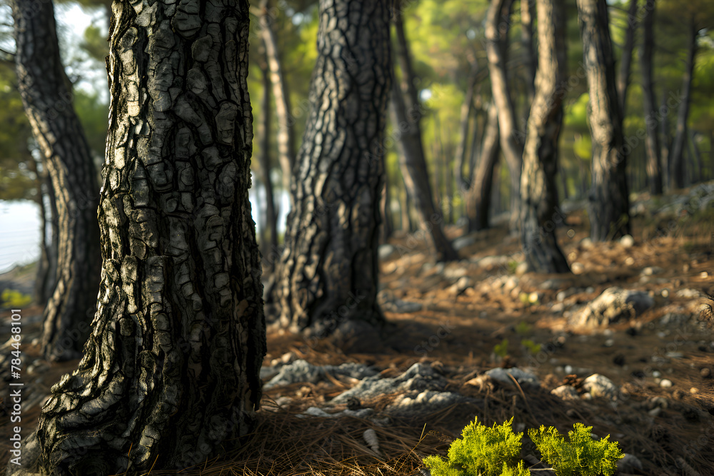 A tree trunk with moss growing on it. The trunk is surrounded by other trees. The image has a peaceful and serene mood. Generative AI A tree trunk with moss growing on it. The trunk is surrounded by other trees. The image has a peaceful and serene mood. Generative AI