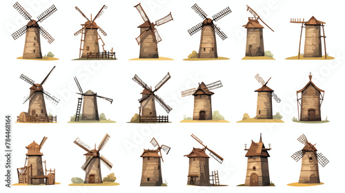 Old windmills as landscape elements vector illustration