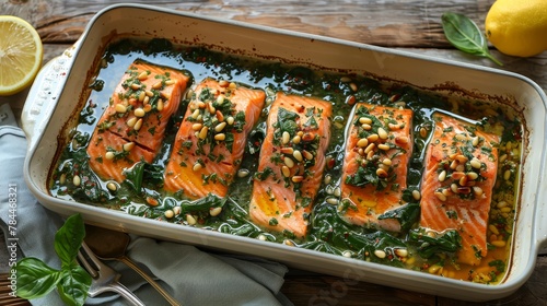   A pan of salmon topped with spinach, pine nuts, and spinach leaves on a wooden table