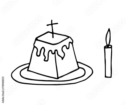 Hand-drawn simple vector illustration in black outline. Traditional Easter curd dessert, pastries, church candle. Holy Sunday celebration.