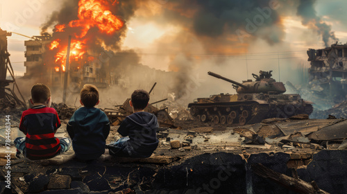 kids sitting in front of destroyed city