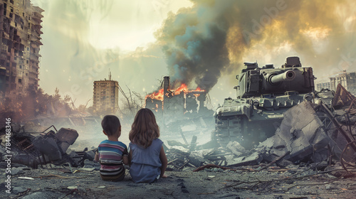 kids sitting in front of destroyed city
