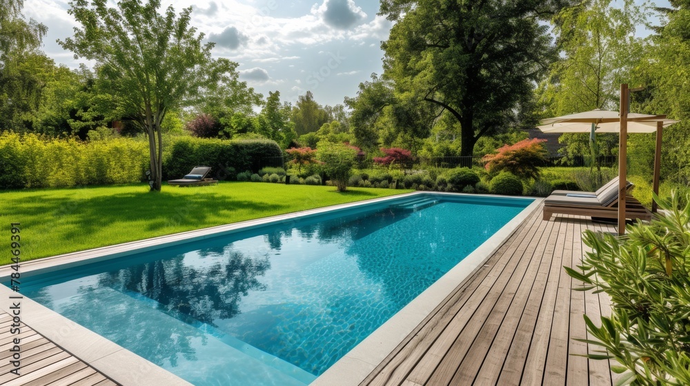 Fototapeta premium Swimming pool in garden,&nbsp;Wooden floor swimming pool in backyard