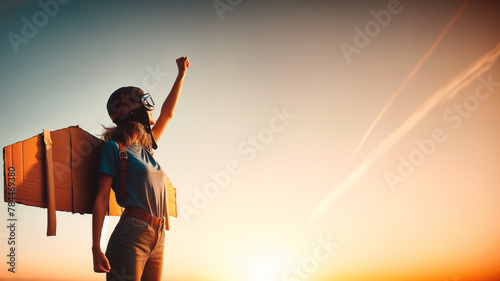 woman ready to fly with her cardboard wings wearing leather helmet and pilot goggles, dream enthuasism startup believe motivational poster copy space