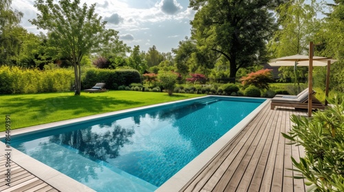 Swimming pool in garden   Wooden floor swimming pool in backyard