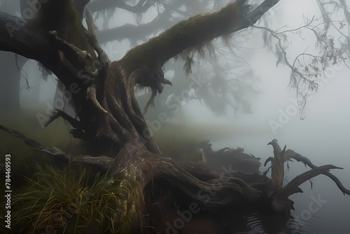   A misty marshland adorned with twisting vines and ancient trees  where a magnificent dragon emerges from the fog