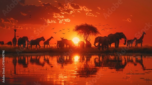  A group of giraffes and zebras silhouette against a sunset over the waterbody