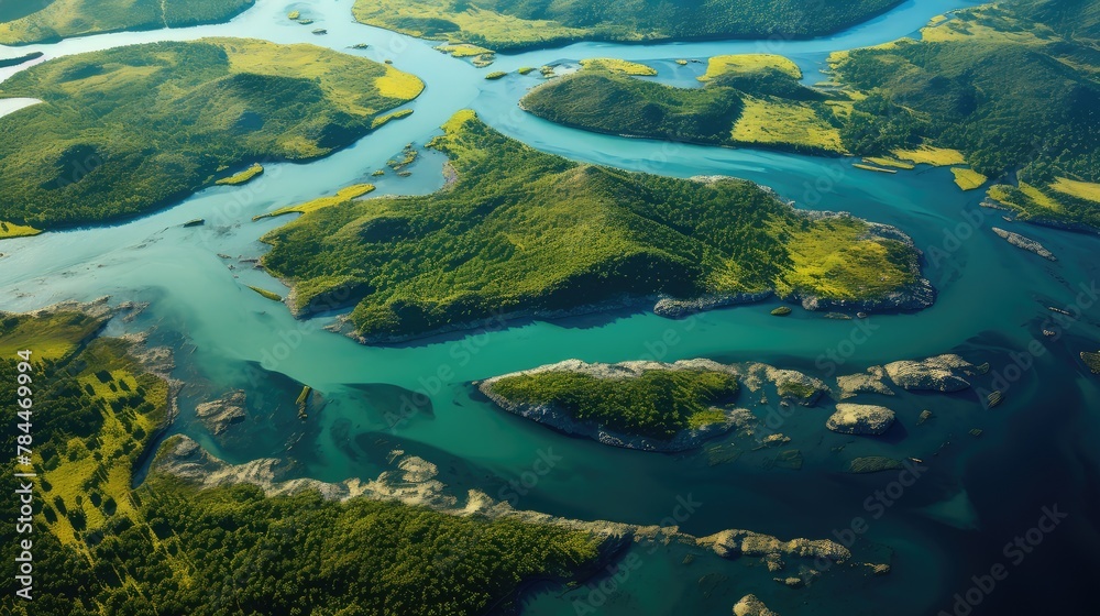 panoramic aerial shot of river and green terrain