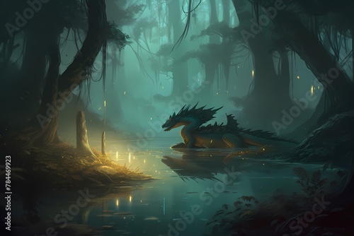 **A misty swamp illuminated by the soft glow of fireflies, where a graceful dragon navigates the murky waters with ease
